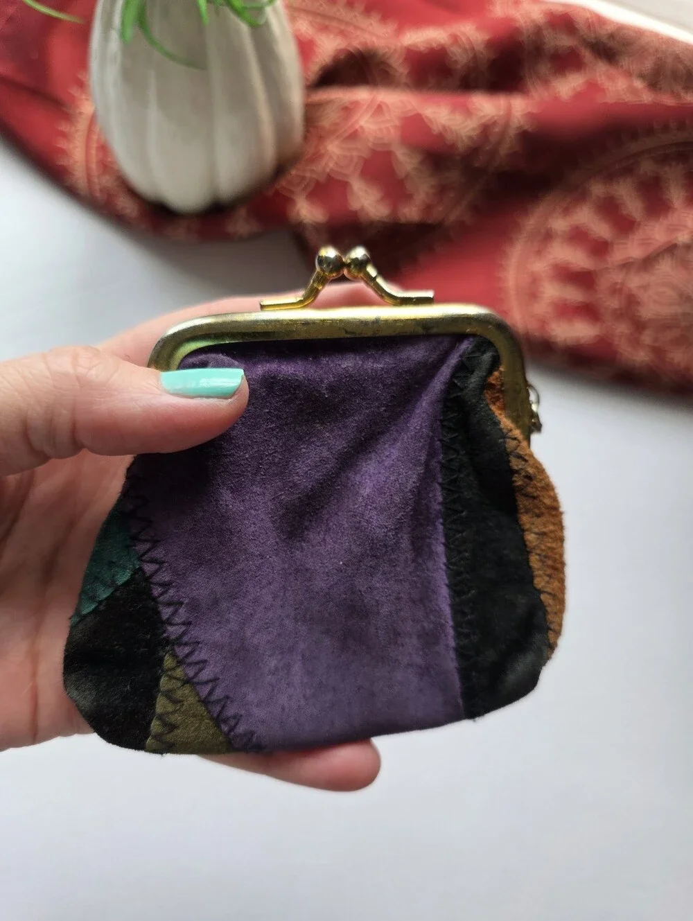 Vintage Leather Patchwork Coin Purse Kiss Lock